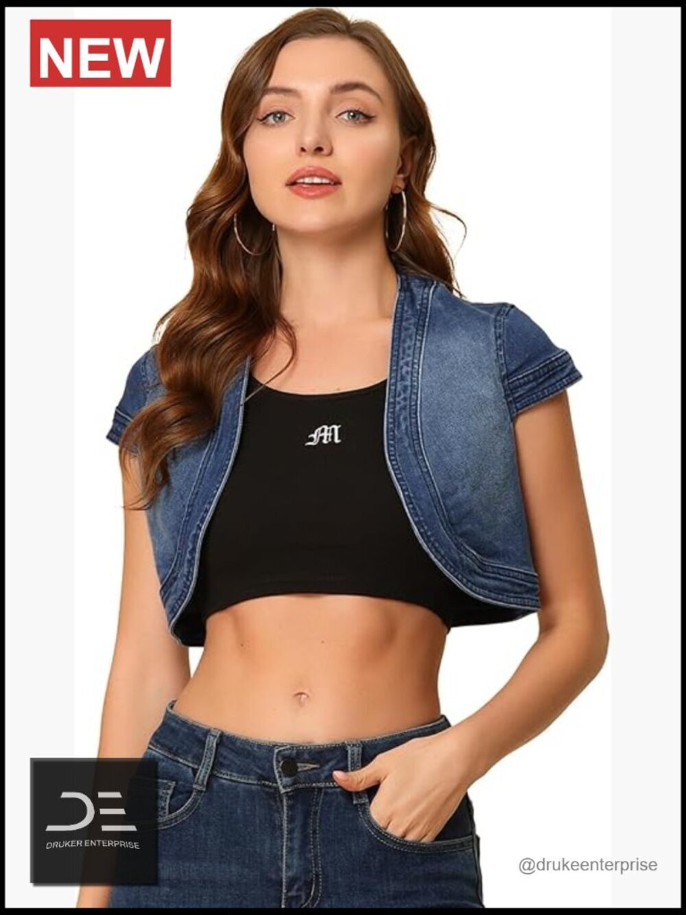 Cropped Denim Shrug Cap Sleeve Open Front Casual Summer Jean Jacket